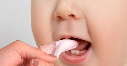Dùng gạc mềm để lau sạch răng nướu cho bé