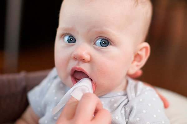 Dùng gạc mềm lau sạch nướu răng cho trẻ