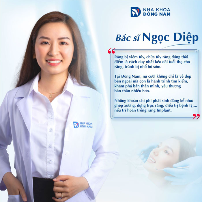 Chân dung bác sĩ Nguyễn Thị Ngọc Diệp, chuyên gia trong lĩnh vực răng hàm mặt, với chứng chỉ hành nghề số 013729/HCM-CCHN. Bác sĩ Diệp chuyên cấy ghép Implant, phục hình sứ trên Implant, phục hình thẩm mỹ răng sứ (Veneer) và tiểu phẫu nha khoa.
