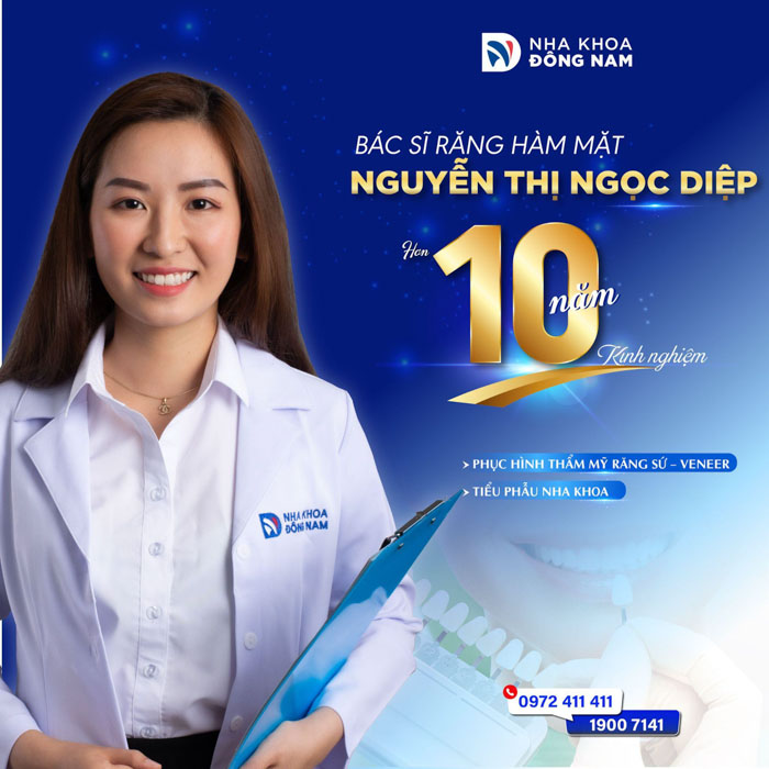 Chân dung bác sĩ Nguyễn Thị Ngọc Diệp, chuyên gia trong lĩnh vực răng hàm mặt, với chứng chỉ hành nghề số 013729/HCM-CCHN. Bác sĩ Diệp chuyên cấy ghép Implant, phục hình sứ trên Implant, phục hình thẩm mỹ răng sứ (Veneer) và tiểu phẫu nha khoa.