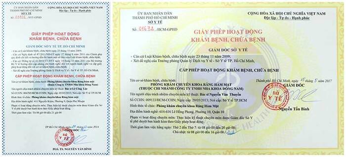 Giấy phép hoạt động tại Nha khoa Đông Nam